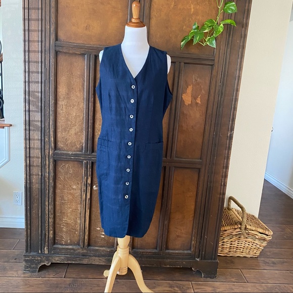 Vintage Express navy blue sleeveless linen dress - Picture 1 of 16